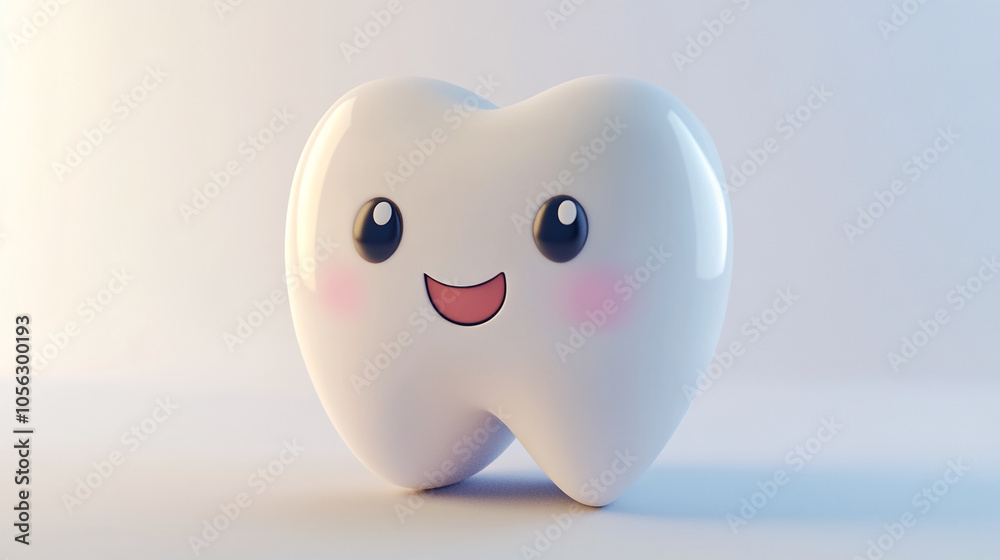 3D Render of a Smiling Tooth Character with Blush Cheeks on a Soft ...