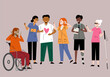 © Katsiaryna Hatsak - Set Disabled Characters. International day of persons with disabilities. World Diabled Day. People and wheelchair, Blindness, Loco motor impairment. Life with disability. Vector illustration