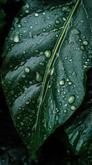 Close-up of dew drops embracing a lush green leaf in the rainforest