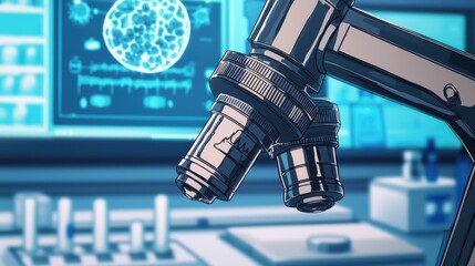 Poster - close-up of a microscope in a laboratory setting with abstract blue background.