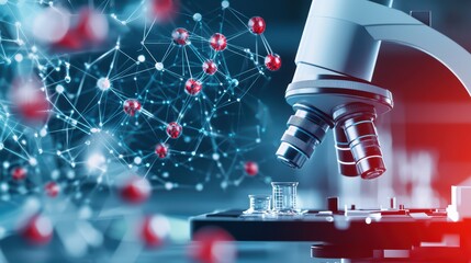 Poster - close-up of a microscope with digital data and molecular structures in the background, depicting sci