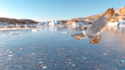 A white bird flies elegantly over the sparkling icy waters of the Arctic, showcasing its wings against a backdrop of snow-covered terrain