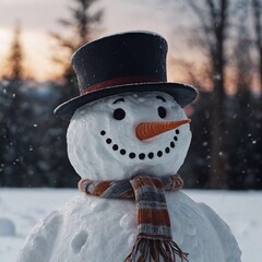 Funny snowman with a hat and a carrot for a nose on the background of a winter landscape and snow.