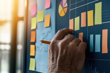 Poster - Hand analyzing business charts with colorful sticky notes in office, representing strategic planning and analysis.