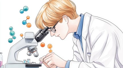 Poster - scientist examining samples under a microscope in a laboratory setting.