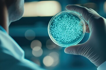 Poster - scientist examining petri dish filled with glowing microorganisms in a laboratory setting.