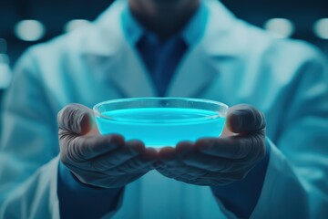 Poster - scientist holding a petri dish with glowing blue liquid in laboratory setting.