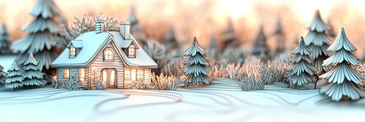 Poster - Cozy cabin in a snowy forest, a winter wonderland.