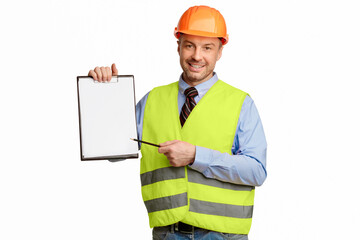 Poster - Building Career. Construction Worker Offering To Sign Labor Contract Holding Folder Posing Over White Studio Background. Mockup
