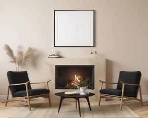 A cozy living room with a fireplace. two chairs. and a coffee table in front of it The room is decorated with plants and a framed picture