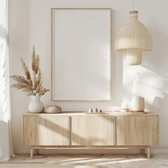 A light wood console table with three drawers. a white vase with dried pampas grass. and a large framed canvas A wicker pendant light hangs from the ceiling