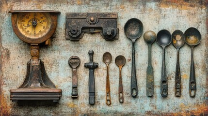 Poster - Vintage Kitchen Tools and Scale on Rustic Background