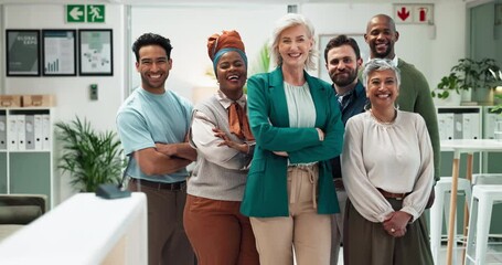 Poster - Arms crossed, collaboration and leadership with smile of business people in professional office for solidarity. Diversity, management and portrait of happy employee team in workplace for development