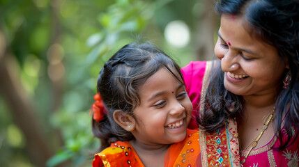 happy indian mother having fun with her daughter outdoors�family love concept