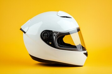 Wall Mural - A white motorcycle helmet is sitting on a yellow background