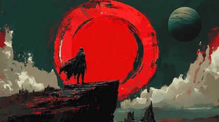 a figure stands on a rocky cliff under a massive red sun and a distant planet in a surreal, fantasy 
