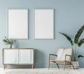 A minimalist living room with a light blue wall. a wooden chair. a plant. and a cabinet There are two blank frames on the wall that can be used to display artwork