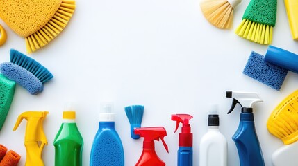 Poster - Cleaning Supplies Arrangement on White Background