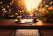 Two cups of coffee and a notebook sit on a wooden table with a blurred view of a bustling outdoor cafe in the background.