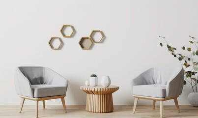 Minimalist living room interior with two grey armchairs. a wooden coffee table. and a potted plant The wall is white and has three wooden hexagonal shelves