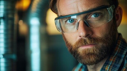 A skilled technician inspects industrial HVAC equipment, wearing safety goggles in a clean workshop, focused on maintenance.