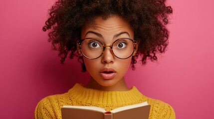 Wall Mural - A focused young woman in a bright yellow sweater holds a notebook, exuding curiosity against a vibrant pink backdrop.