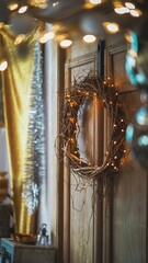 Wall Mural - minimalist Christmas wreath with golden lights