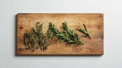 A rustic wooden cutting board featuring fresh rosemary sprigs and other herbs, creating a delightful culinary scene on a bright white canvas