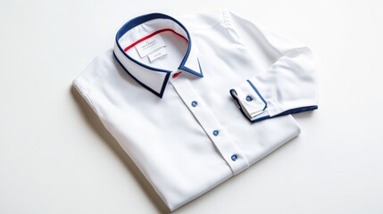 Poster - A simple yet sophisticated white long-sleeved shirt with blue and red trim accents, lying flat on a white background for a sleek appearance