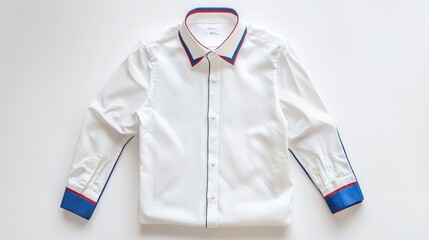 Poster - A simple yet sophisticated white long-sleeved shirt with blue and red trim accents, lying flat on a white background for a sleek appearance