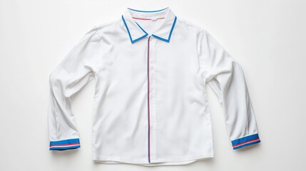 Poster - A simple yet sophisticated white long-sleeved shirt with blue and red trim accents, lying flat on a white background for a sleek appearance