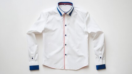 Poster - A simple yet sophisticated white long-sleeved shirt with blue and red trim accents, lying flat on a white background for a sleek appearance
