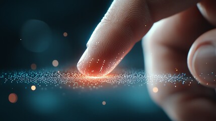 Wall Mural - finger pressing a virtual button in midair, with holographic light effects around the fingertip