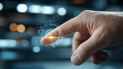 Wall Mural - finger pressing a virtual button in midair, with holographic light effects around the fingertip