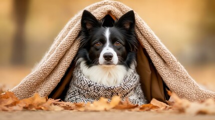 A cozy pup relaxes beside a tent, snuggly wrapped in a blanket, creating a perfect camping vibe with a blurred backdrop.