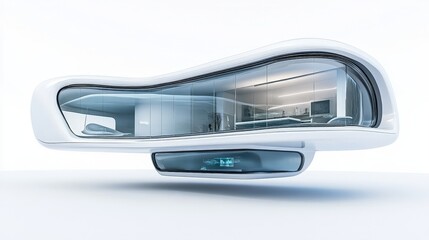 Poster - A sleek, future-inspired home with automated systems and transparent walls, floating above a white background, representing smart home innovation