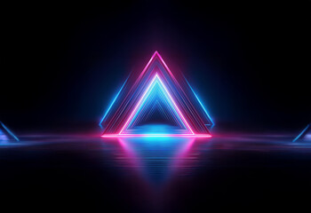 Aufkleber - Three neon triangles glow with a blue and pink hue against a dark background, reflecting on a shiny surface.