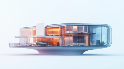 Poster - A sleek, future-inspired home with automated systems and transparent walls, floating above a white background, representing smart home innovation