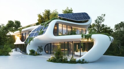 Poster - A sleek, futuristic home with solar panels and sustainable materials, set against a bright white background, symbolizing the evolution of green housing