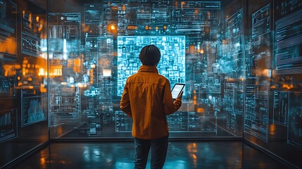 A young woman stands in a room with digital displays, looking at one screen with a tablet in hand.