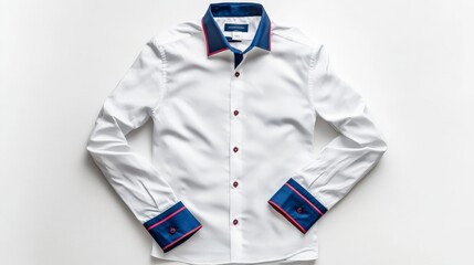 Poster - A stylish white long-sleeved shirt with contrasting blue and red trim on the sleeves, photographed against a simple white background