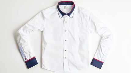 Poster - A stylish white long-sleeved shirt with contrasting blue and red trim on the sleeves, photographed against a simple white background