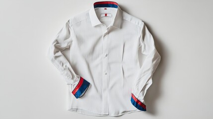 Poster - A stylish white long-sleeved shirt with contrasting blue and red trim on the sleeves, photographed against a simple white background