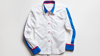 Poster - A stylish white long-sleeved shirt with contrasting blue and red trim on the sleeves, photographed against a simple white background
