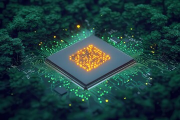 Poster - A futuristic microchip glowing amidst a digital forest, symbolizing the fusion of technology and nature.
