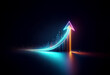 © joeycheung - A glowing neon blue arrow ascends over a dark cityscape.  A beam of orange light emanates from its tip.