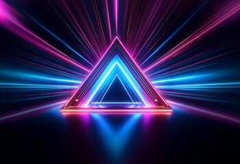 Poster - a glowing, multi-layered triangle sits atop a reflective surface with radiating lines of pink and bl