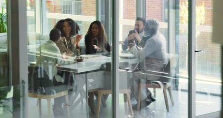 Poster - Office, business people and tablet with applause for promotion, support and celebration for feedback. Collaboration, employees and excited with clapping for target success, goals or corporate meeting
