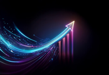 Poster - a glowing neon arrow pointing upwards, symbolizing growth and success, with streaks of light in the 
