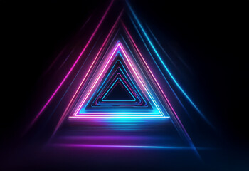 A series of glowing neon triangles create a futuristic tunnel.